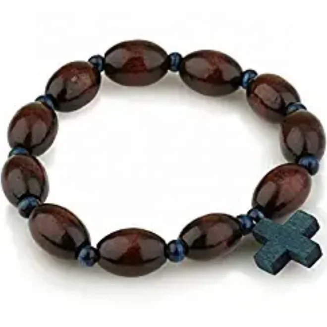 

Genuine Wood Polished 10mm With Blue Wooden Cross Pendant Bead Rosary Bracelet