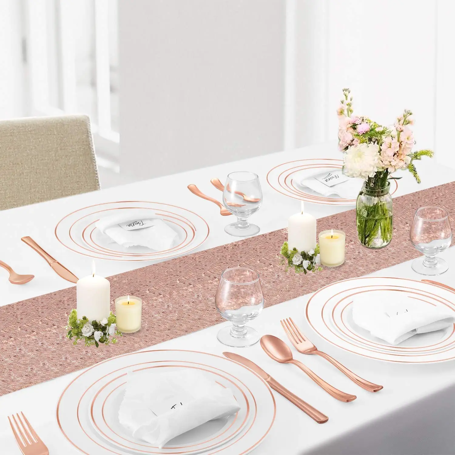 Dinnerware Set Disposable Tableware Rose Gold Plastic Cutlery Plate And