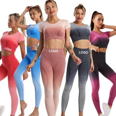 

Womens Yoga 2 Pieces Workout Outfits Seamless High Waist Leggings Sports Crop Top Running Clothes Sets, Any pattern