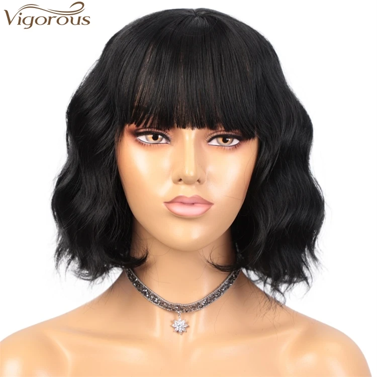 

Vigorous Short Wavy Wig with Bangs for Black Women Synthetic Natural Black Hair Heat Resistant Fiber Bob Wigs