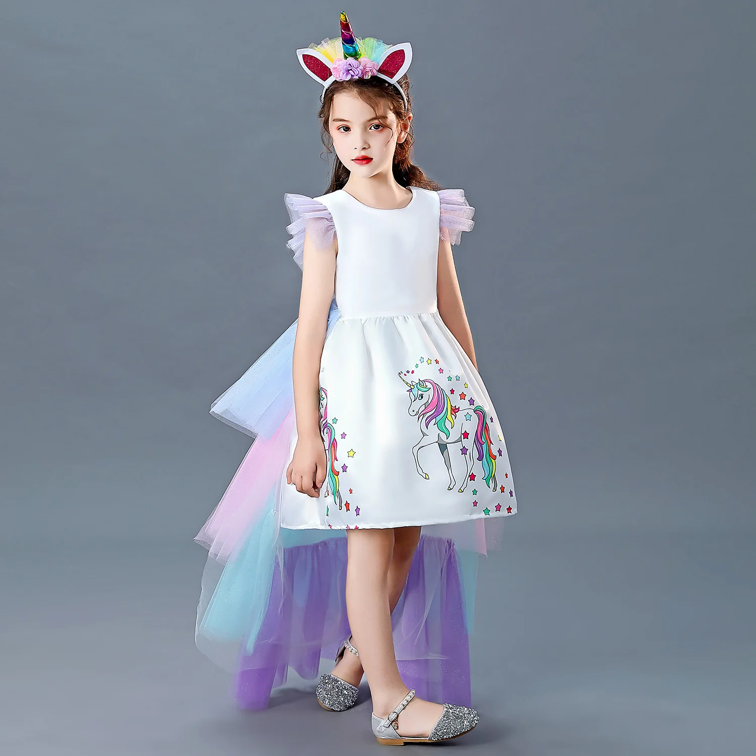 

2-10 Year Children's Princess Costume Kids Birthday Party Girl Beautiful Unicorn Dress With Rainbow Cape, Purple