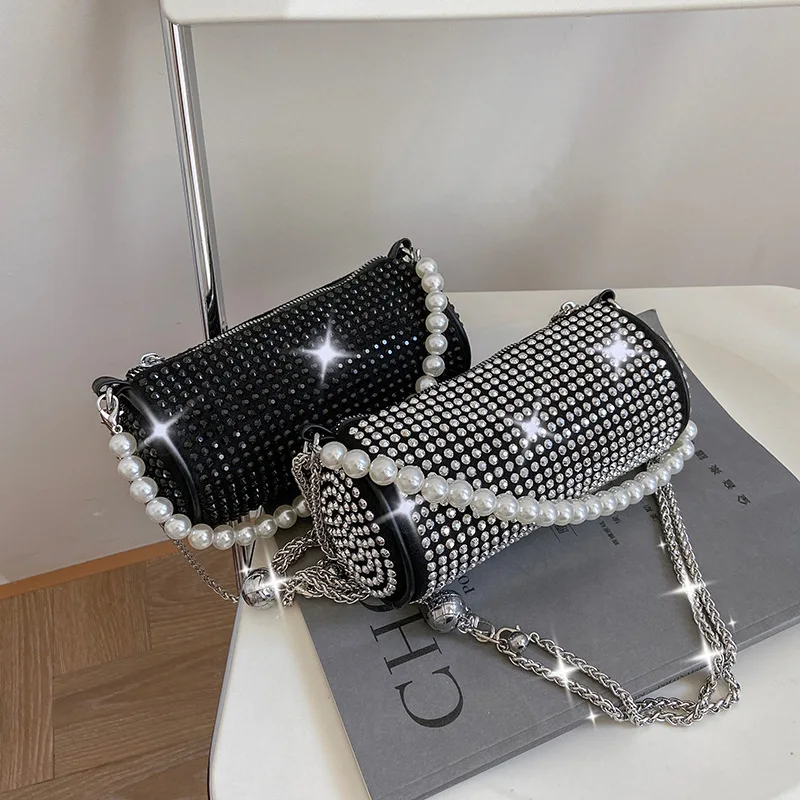 

Female New Fashion Rhinestone Small Round Bag Pearl One-shoulder Diagonal Bag