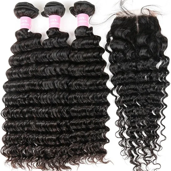 

Wholesale Vendors Human Hair Weave Deep wave Bundles With Lace Frontal Closure Brazilian Virgin Hair Human hair, Natural colors
