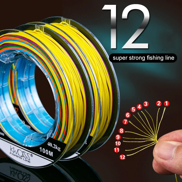 Hot sale custom Strong strength Multifilament line PE 12 strand braided 100m fishing line, 3 colors