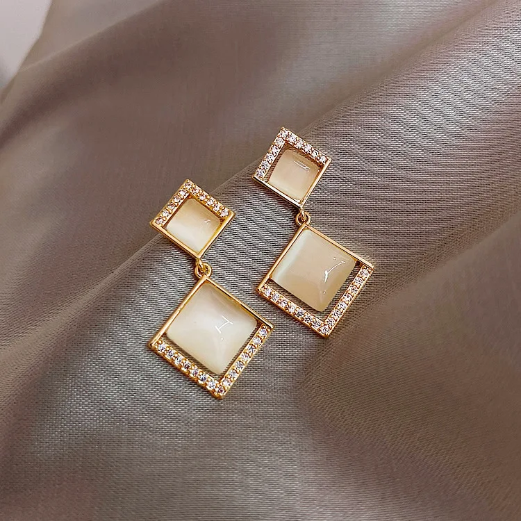 

Geometric square opal earrings female 925 silver needle personality earrings commuter simple earrings, Gold