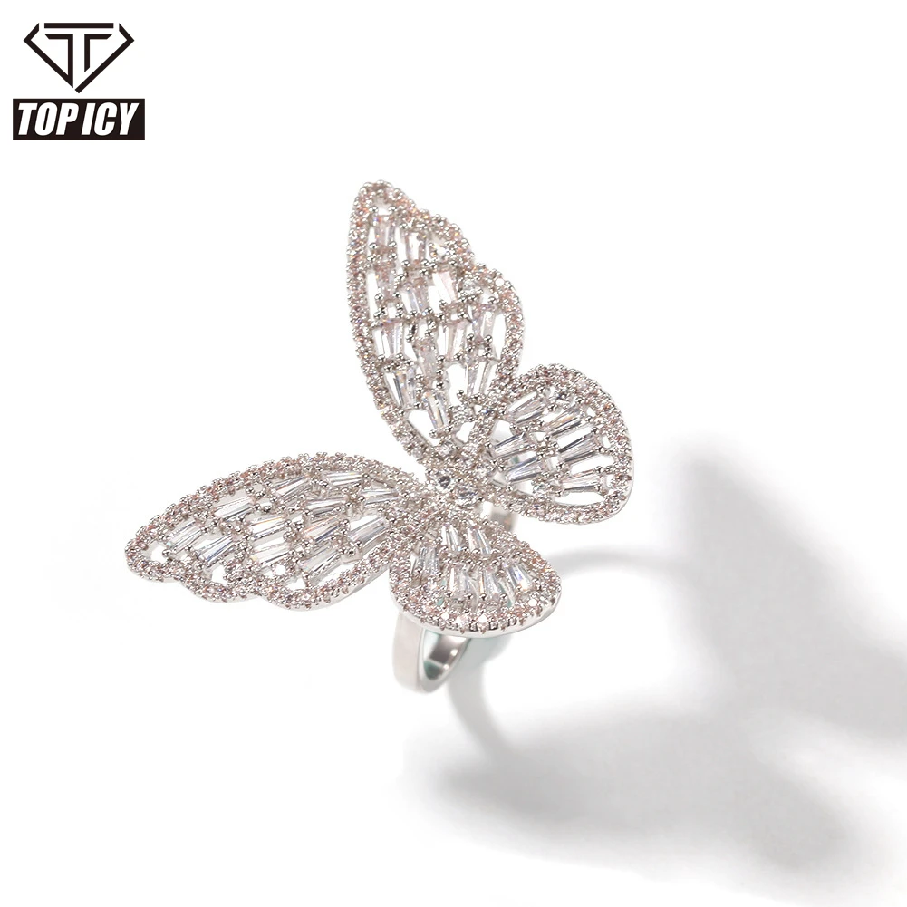 

2020 new design Cute butterfly elegant women girl ring Resizable pink mix color rainbow butterfly iced out ring for women