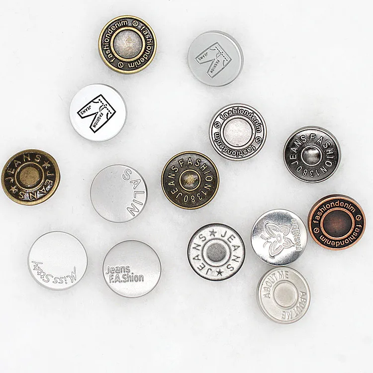 

Customized micro-label embossed high quality zinc alloy denim jacket button brass jeans button