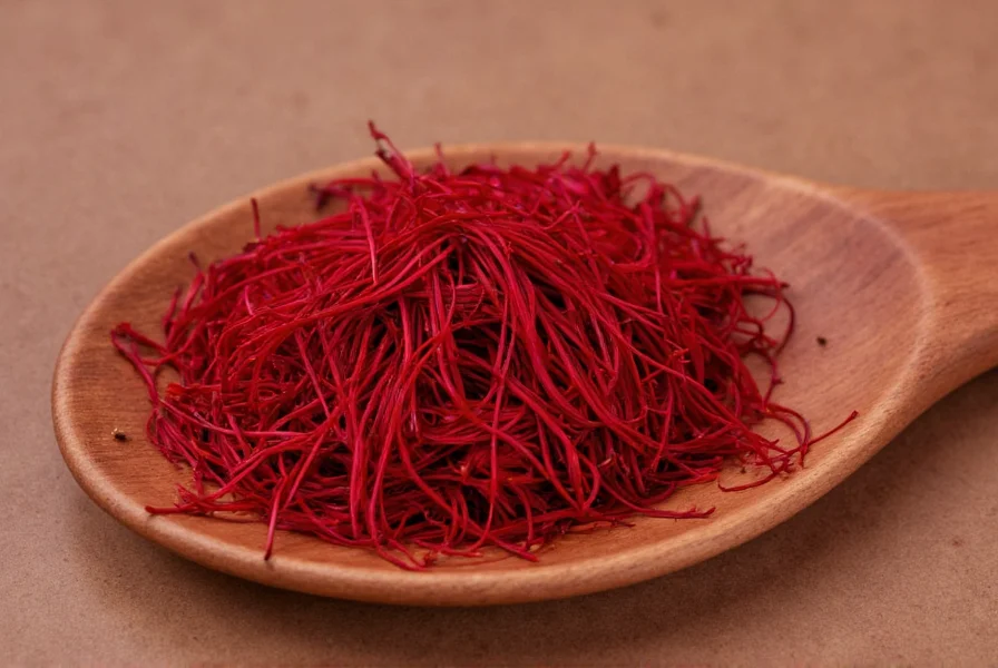Close-up photograph of authentic saffron threads showing deep crimson color with intact yellow styles, isolated on white background