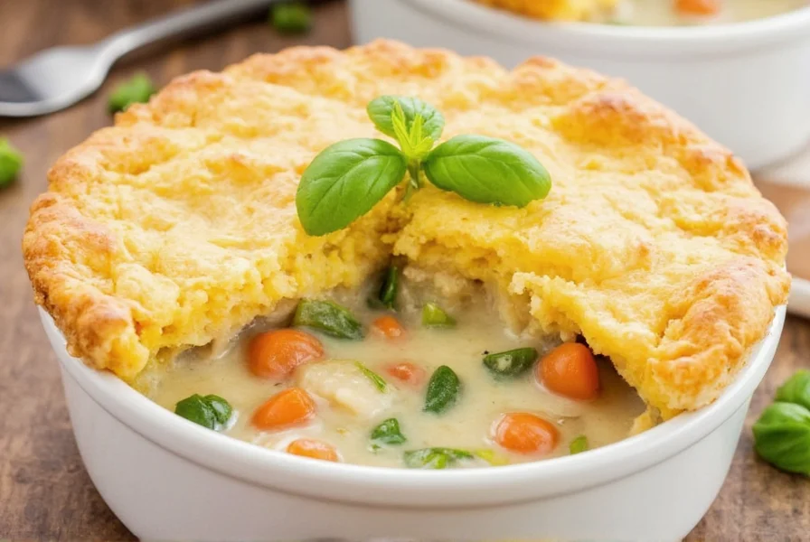 Chicken pot pie served on a rustic plate