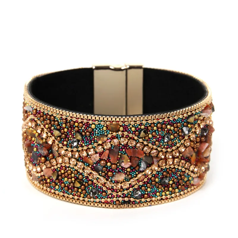 

2019 new fashion baroque bracelet leather jewelry wholesale hot sale Bohemian crystal gemstone seed bead bracelet women, As picture
