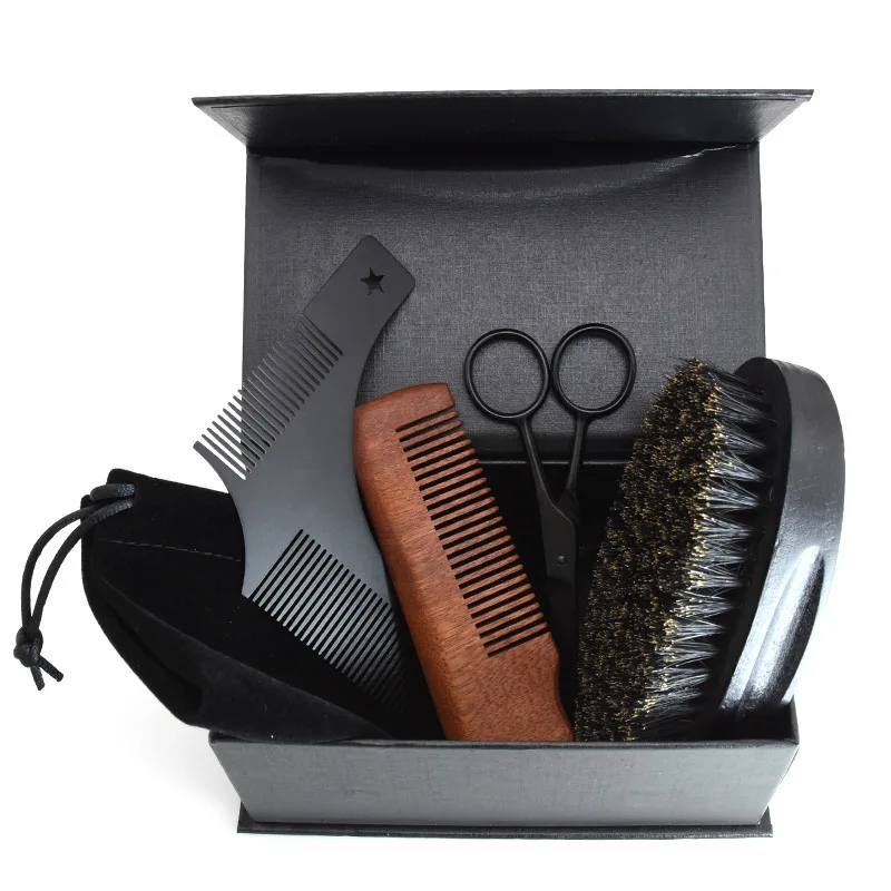 

Hot sale men beard bristle brush beard folding comb grooming trimming kit beard care set for men, Black
