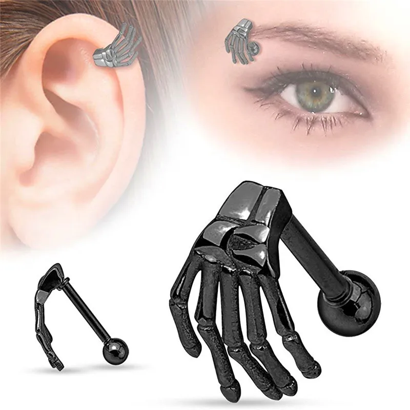 

Punk Skeleton Hand Shape Jewelry Stud Earrings Black Hand Bone Claw Ear Tragus Stud Earrings, Picture shows