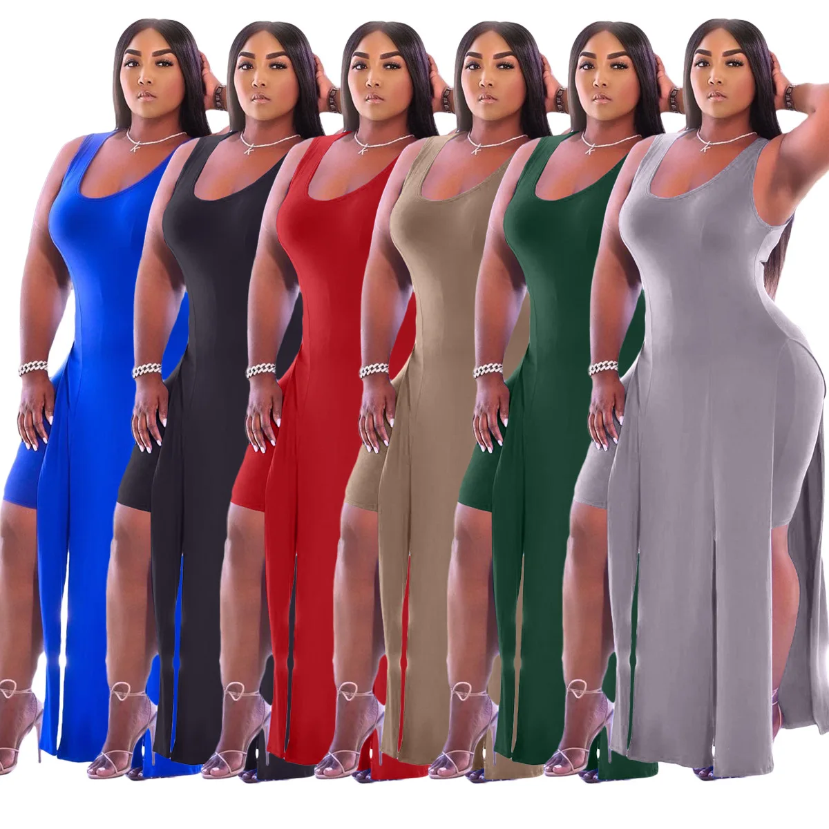 

Women Summer Woman Sleeveless Custom Booty Slit 2 Piece Tank Top And Shorts Sets Two Pieces Short Pants Set Outfits 2021 -YS, Gray,army green,khaki,red,royal blue,black