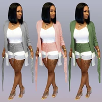 

Long Sleeve Cardigan Contrast Color Women Two Piece Short Set