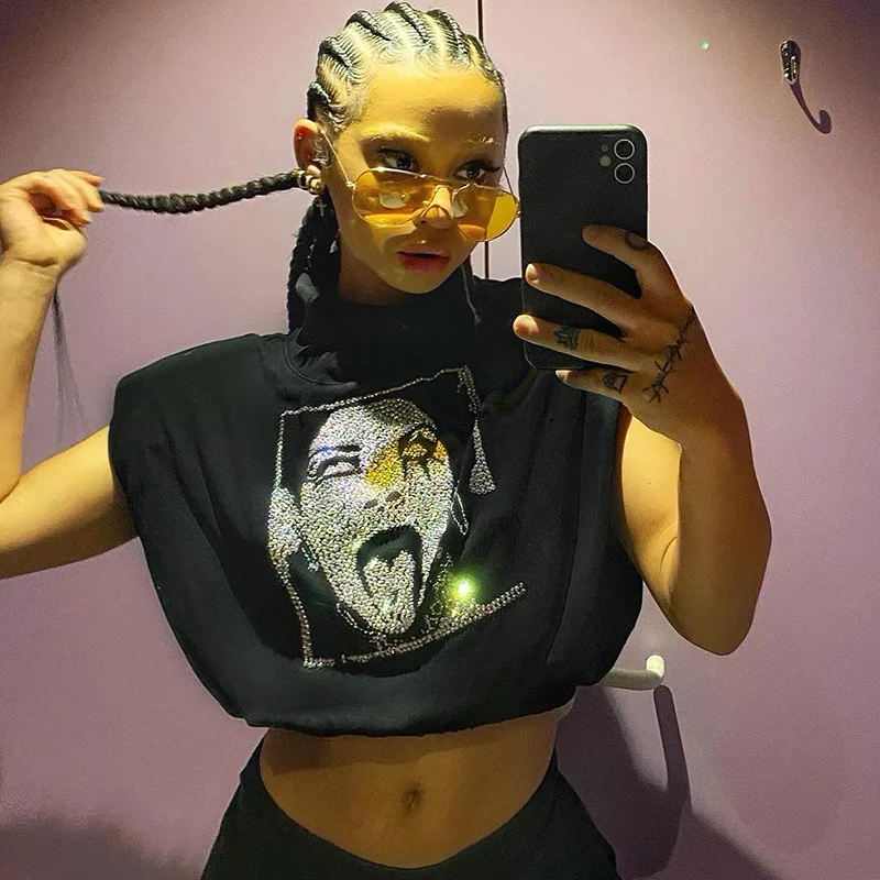 

Cyber Y2k Portrait Rhinestone Crop Top Summer Clothes for Women Black Sleeveless Graphic T Shirts Streetwear