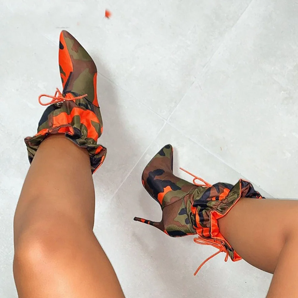 

Fashion Design Women Round Toe Stiletto High Heels Shoes Mid Calf Camouflage Boots Elastic Ankle Lace Up Short Booties for Lady