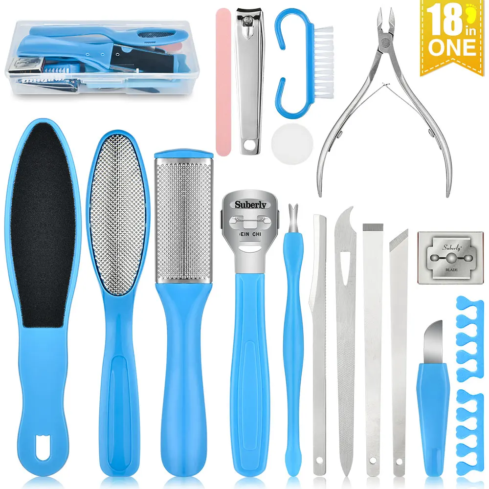 

Professional 18pcs set Foot Care Dead Skin Remover Nail Toenail Clipper Pedicure Kit At Home Travel Salon, Blue +black