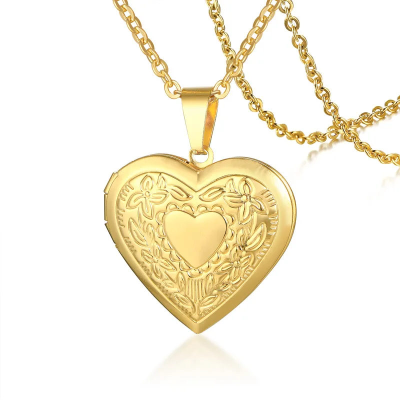 

Amazon Hot Sale Stainless Steel Heart Openable Photo Locket Necklace Gold(RG4N12003)