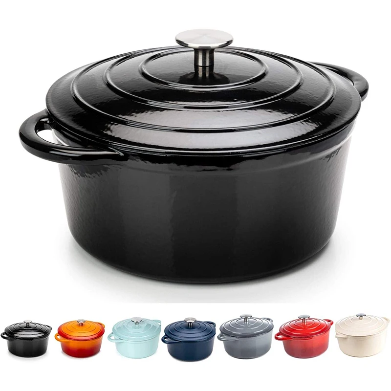

Round Casserole Dish - Cast Iron Cauldron Induction and Gas Safe Non Stick Dutch Oven Roasting Cooker - with Lid, Black