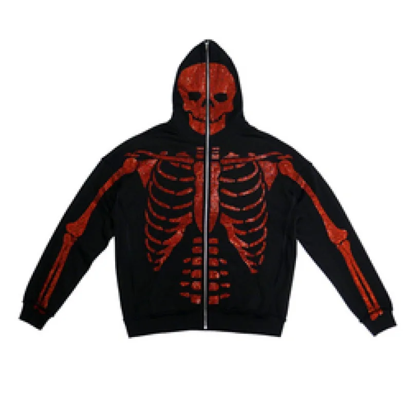 

Streetwear Custom Logo Skull Rhinestone Halloween Hoodie Custom Skeleton Thick Rhinestone Full Zip Hoodie for Men, Multi colors