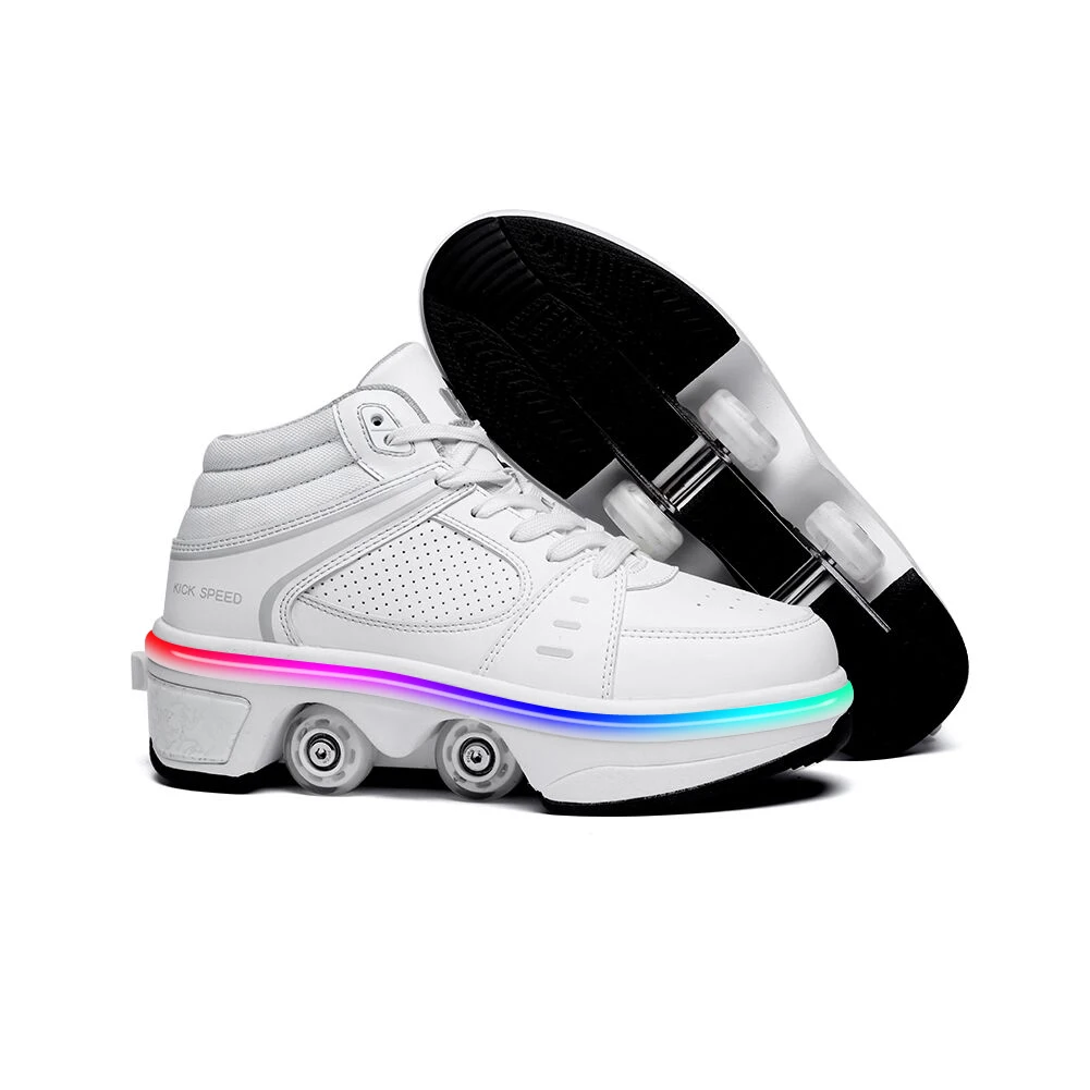 

kids kick out board wheeled shoes , kids retractable wheels roller shoes , led light up children roller skate shoes with wheels, White