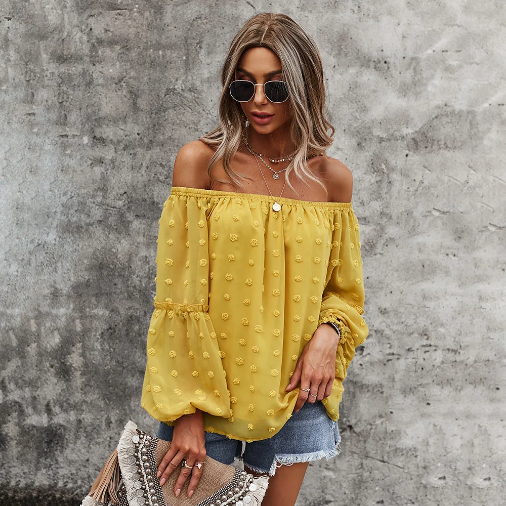 

2021 Wholesale Summer Fashion Off Shoulder Long Sleeve Plain Cute Korean Casual Loose Strapless Ladies' Shirts Women's Blouses, Picture