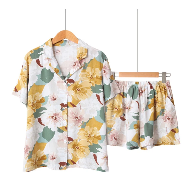 

2019 summer loose wholesale women sleepwear print flower cozy sweet homewear short sleeve floral cotton pajamas set for women, Customized