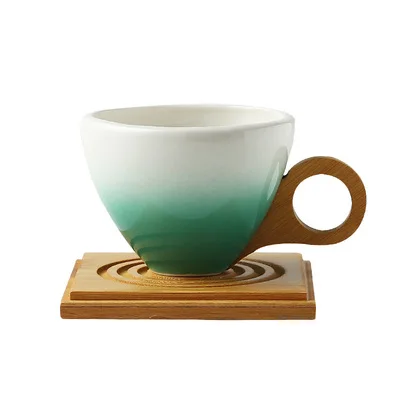 

European style gradient ceramic coffee cup with bamboo handle, As the picture show