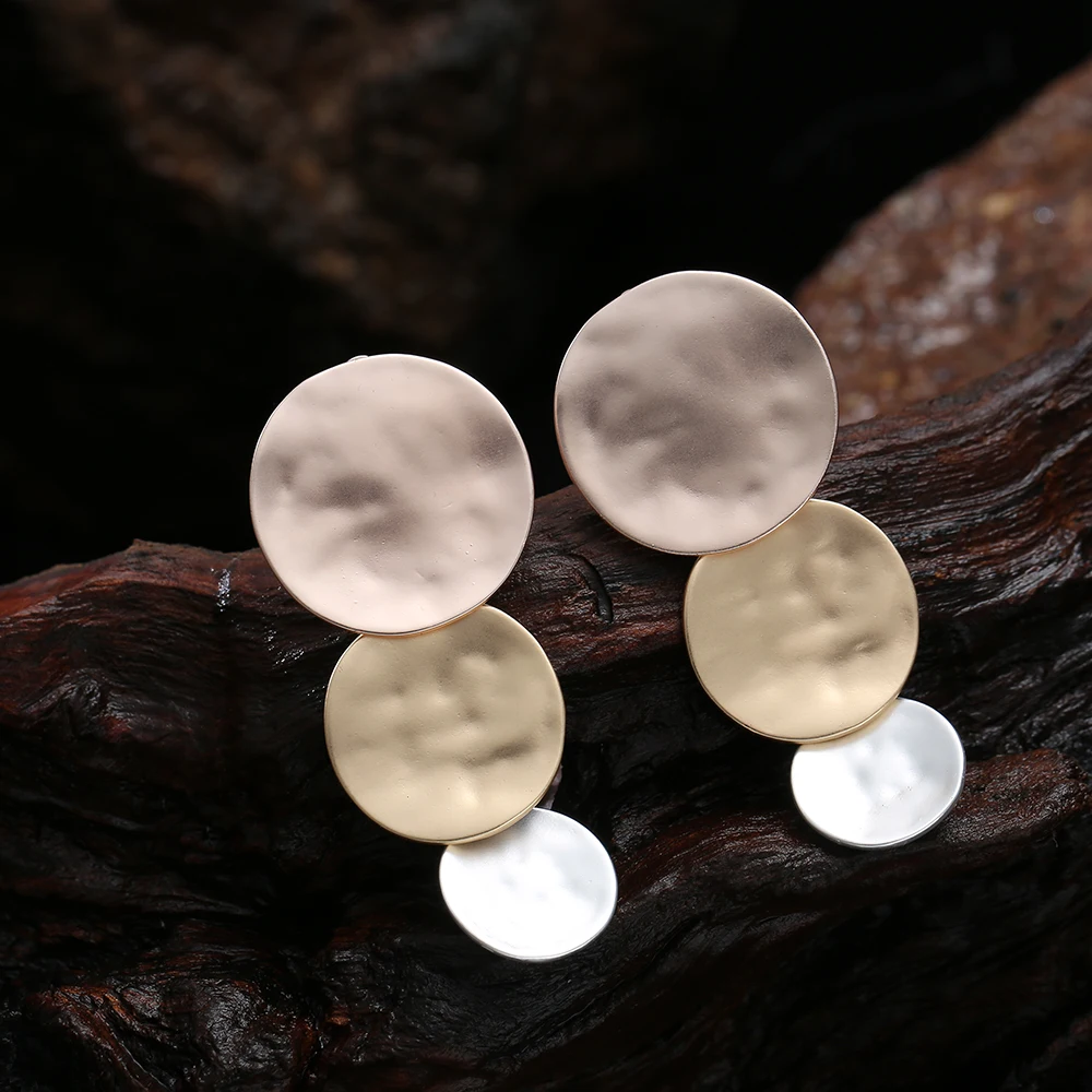 

TongLing three colors texture zinc alloy jewelry texture round geometric earrings for women girls