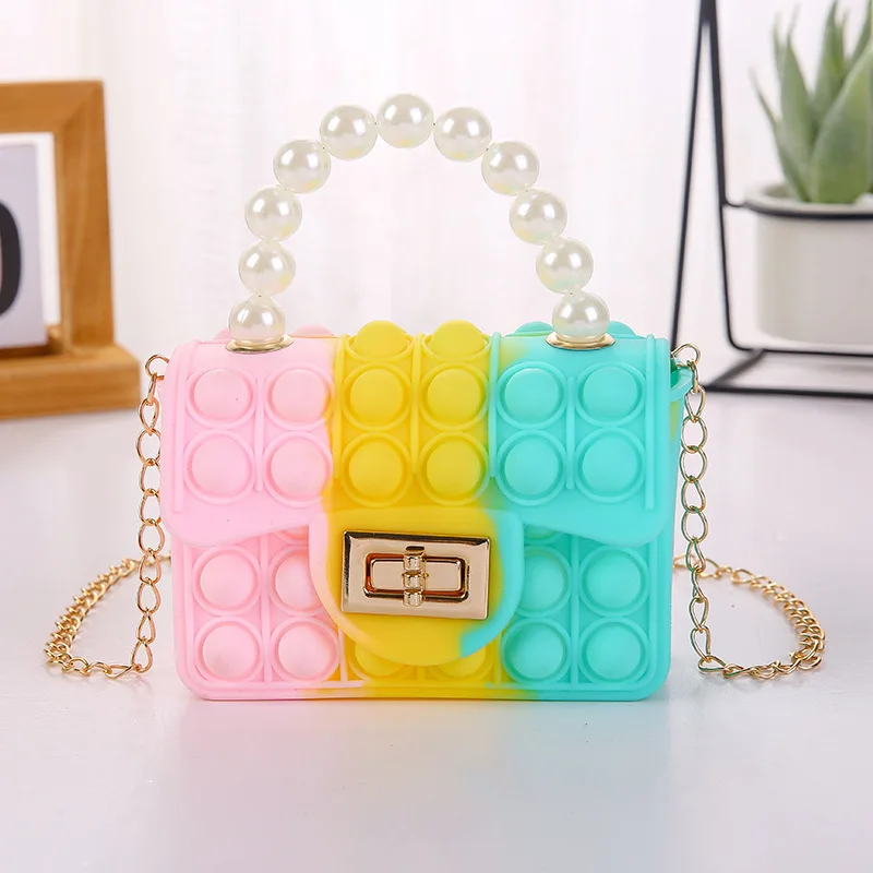 

Hot Silicone Jelly Bag Silicone Coin Purse Kids Crossbody Double Sided pop it Bubble Pearl Handbag Chain Bag