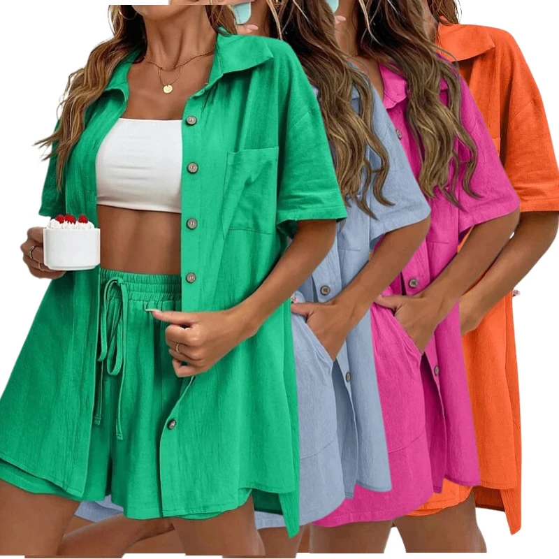 Women's Casual Two Piece Set Solid Color Lapel Shirt Crop Top and Above Knee Wide Leg Shorts Plus Size Loose Fit