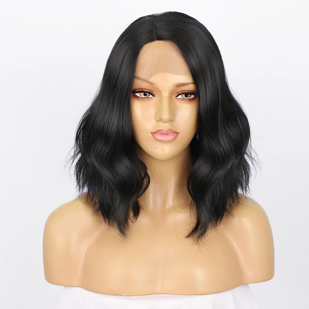 

Hand Woven Lace Front Wig For Women Synthetic Wigs Black Short Shoulder Length Wig, See details