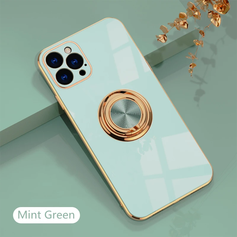 

Plating Silicone Case for Iphone Plain Metal Ring Holder Phone Celular Cell Protector High Quality Shockproof Phonecase