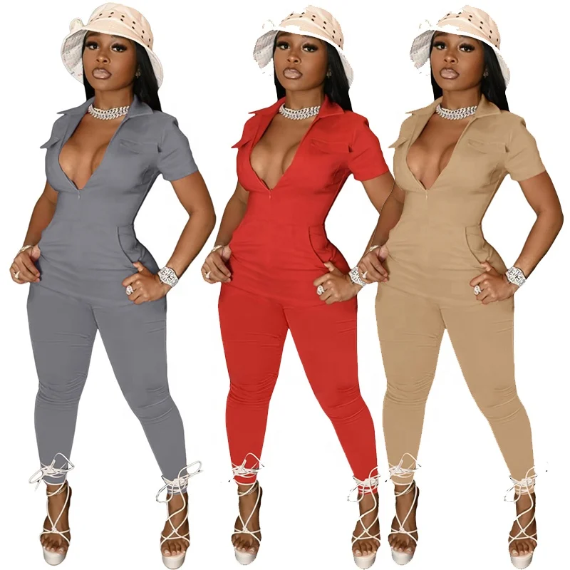 

QC-L247 Sexy turn collar slim pencil pants one piece summer outfits trendy short sleeve pockets women's clothing jumpsuits