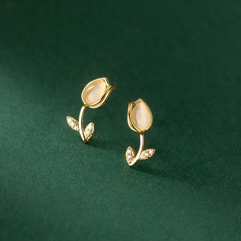 Fashion Cubic Zircon Synthetic Opal Stone Tulips Flower Stud Earrings Wholesale 925 Sterling Silver Girls Summer Jewelry Gifts