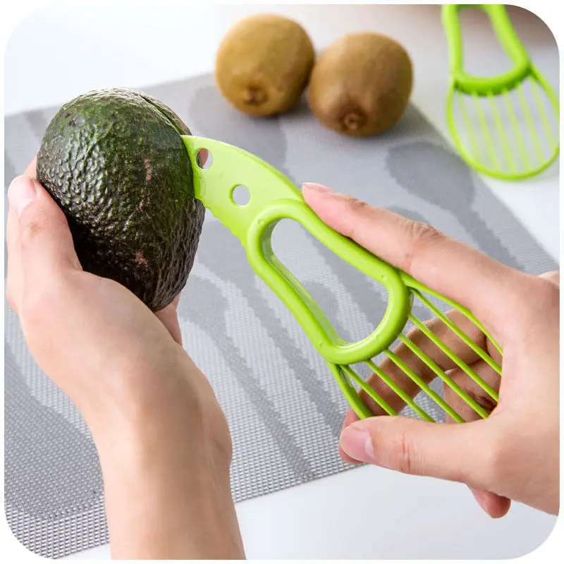 

Free Shipping 3 In 1 Avocado Slicer Shea Corer Butter Fruit Peeler Cutter Pulp Separator Plastic Knife Kitchen Accessory, As photo