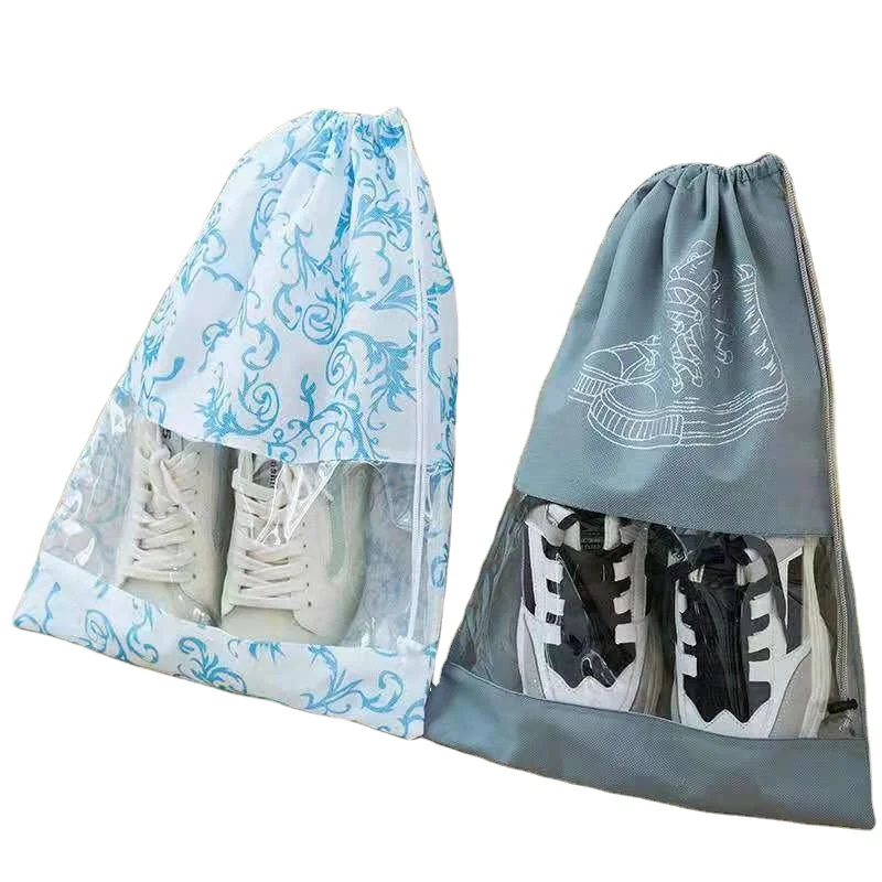 

promotional stocked dust-proof on-woven shoe bag with PVC clear window, Grey /blue