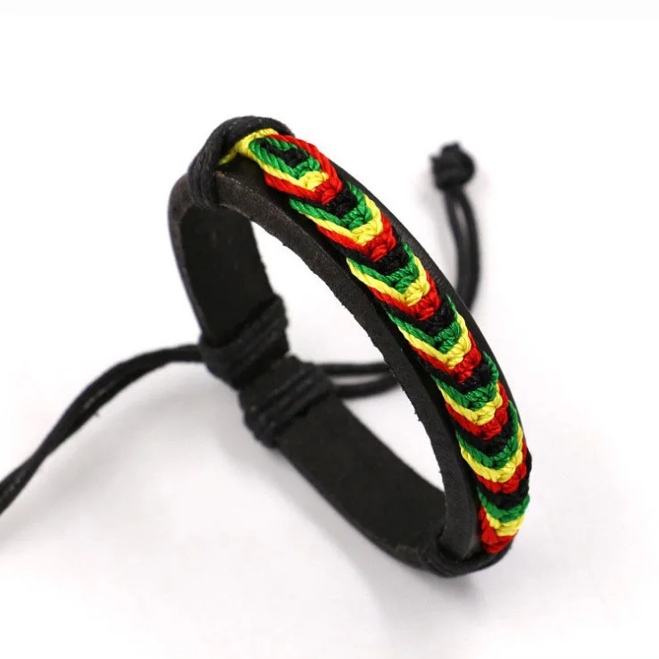 

Red yellow green and black four-color woven leather bracelet adjustable Jamaican bracelet reggae leather bracelet, Picture shows