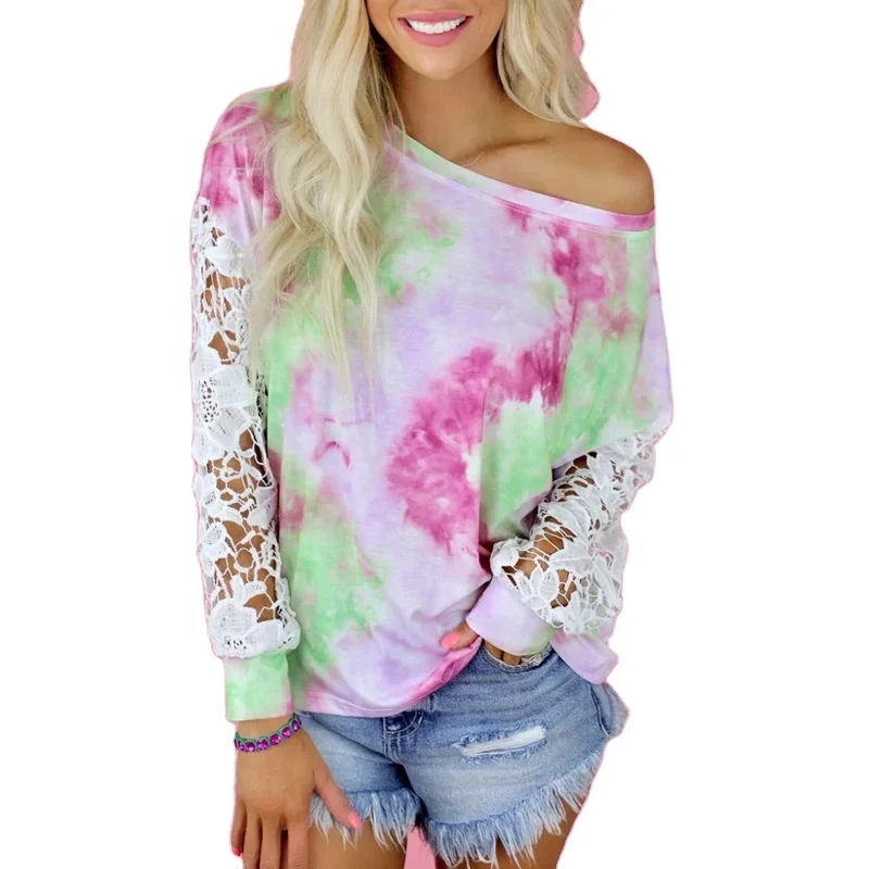 

Free Shipping Women New Fashion Casual Hollow Out Block Lace Sleeve Tie Dye Shirt Top