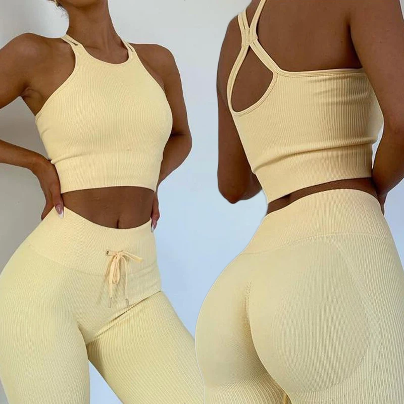 

2021 Hot selling tiktok ribbed knit yoga set girl's seamless candy color sport wear for woman active wear sets 2022, As shown or customized
