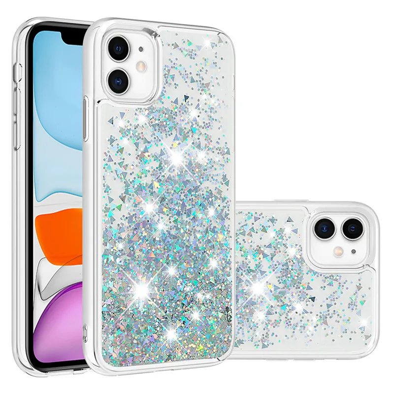 

High Quality Glitter Phone Case Bling Dynamic Qicksand Soft TPU Back Cover for iPhone 12 Silver Glitter Liquid Silicone Case, Picture shows