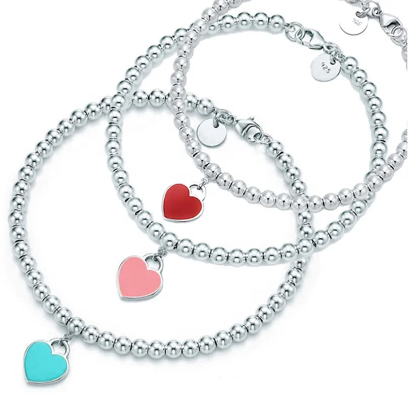 

Designer Bracelets&Bangle 925 Sterling Silver Bead Bracelet Classic Enamel Blue Heart pendant bracelet fit tiff luxury charm