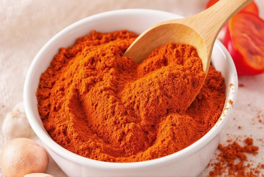 Close-up of vibrant red paprika powder being sprinkled over golden onions in a cast iron skillet