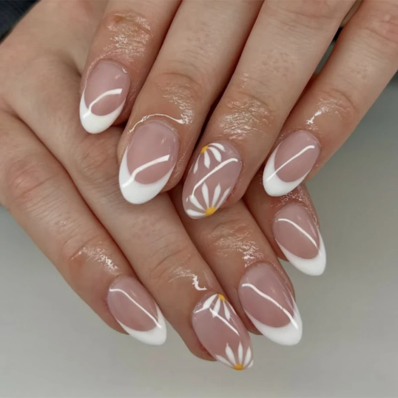 Wholesale 3912 Elegant White and Pink French Delicate Short Almond False Nail Press on Nail Artificial Fingernails Customize