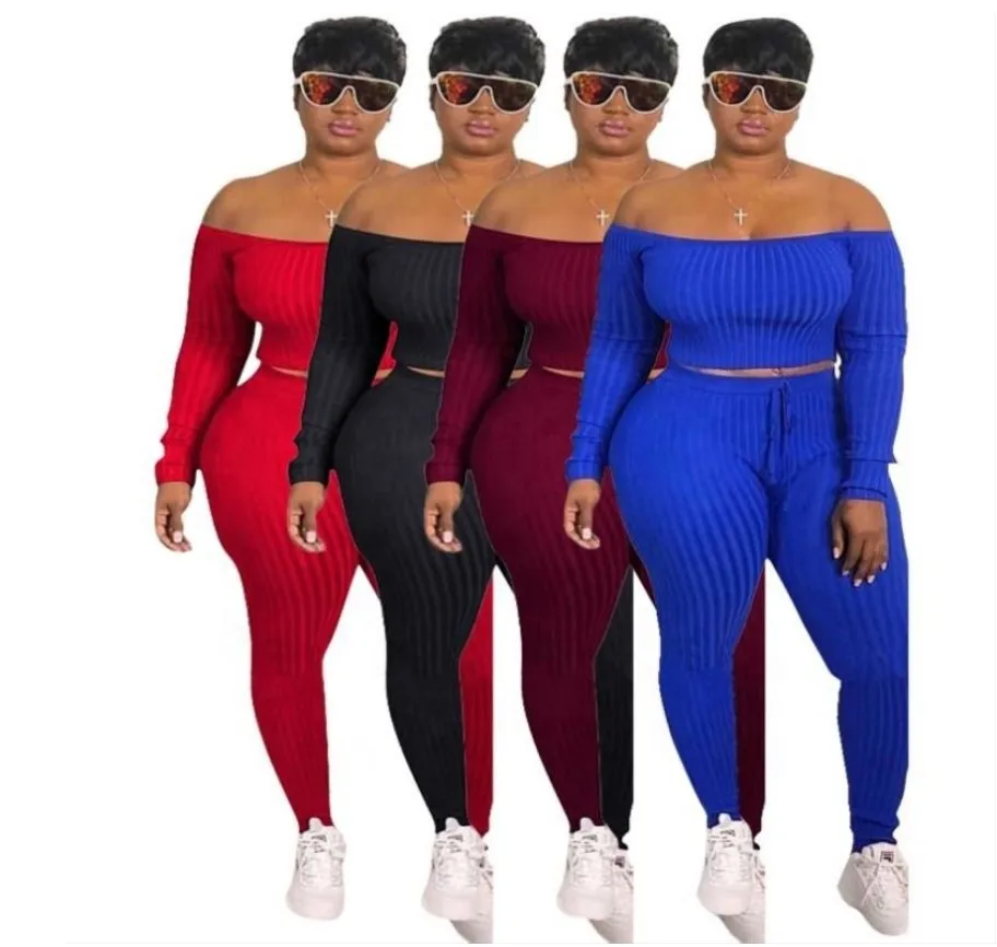 

Custom ladies club wear sexy black ribbed long sleeve pants sets womens clothing two piece outfits, Customized color