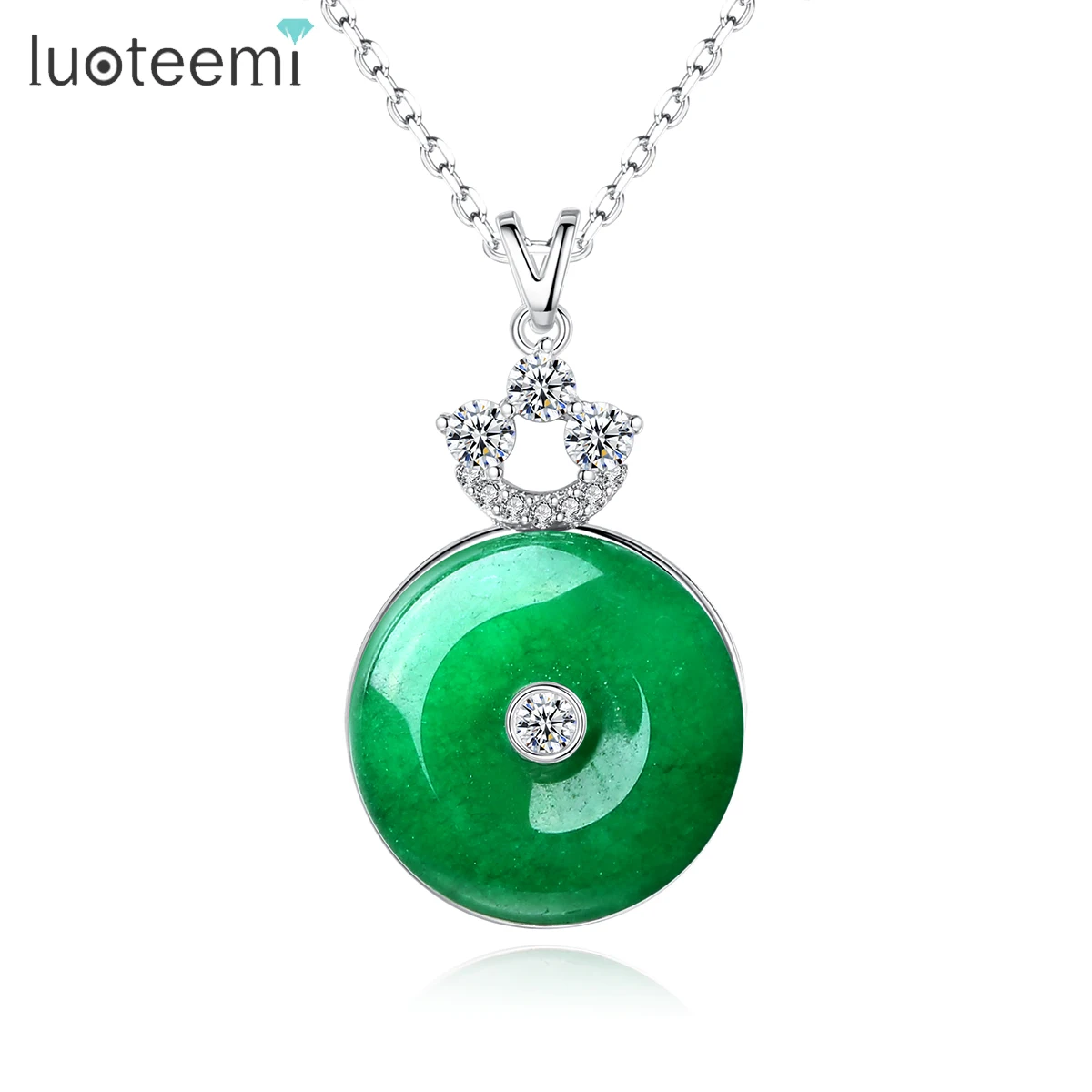 

LUOTEEMI Jade Necklace Jewelry Brass Link Cage Round Green Jade Pendant Necklace