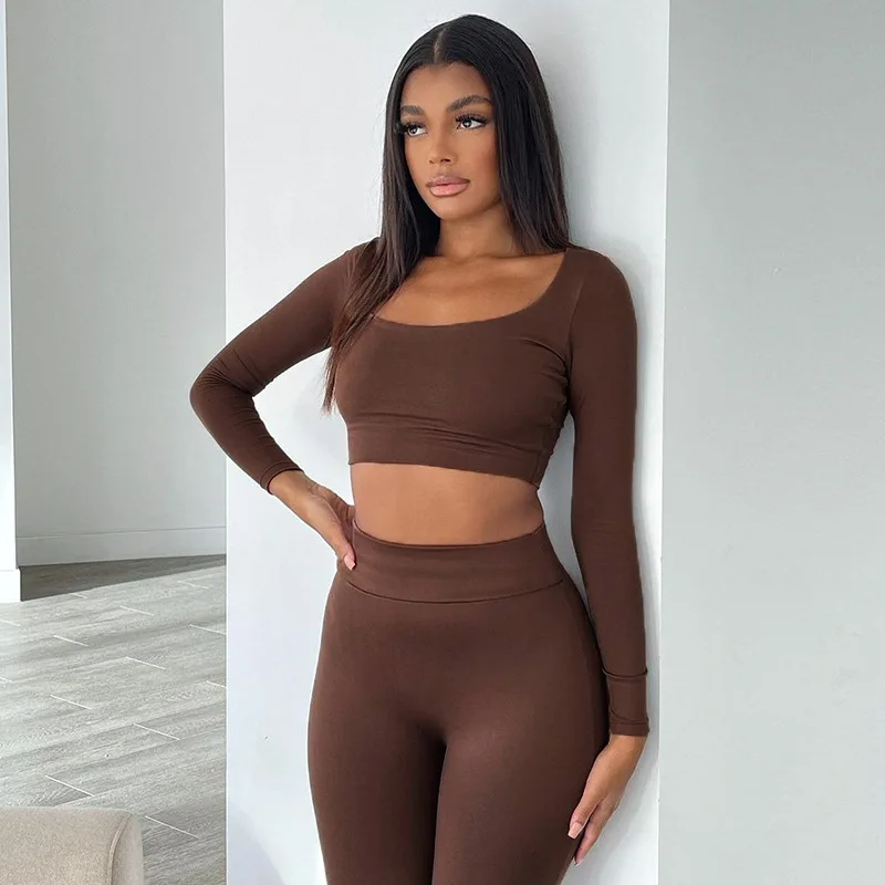 

Daily Wear Fall Long Sleeved T Shirt High Waist Tight Pants Sets Women