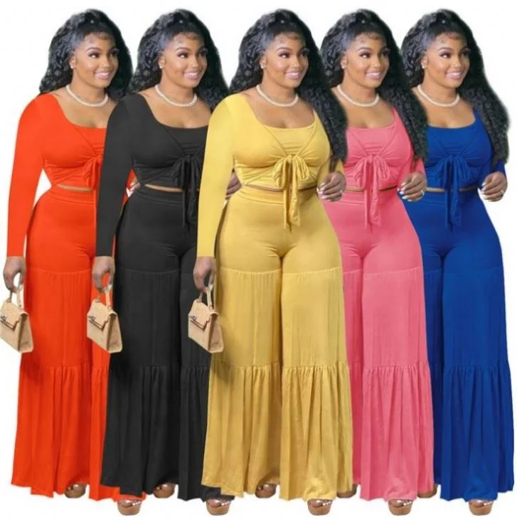 

5 Colors New Arrival 2021 Long ladies suits For Women Two Piece Long Sleeve Wide-Legged Sexy bandage Two Piece Pant Set