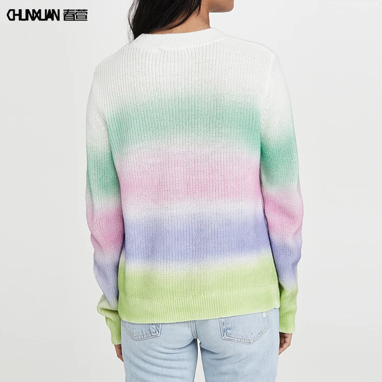 Fashionable Casual Rainbow Striped Sweater Women Oneck Long Sleeve