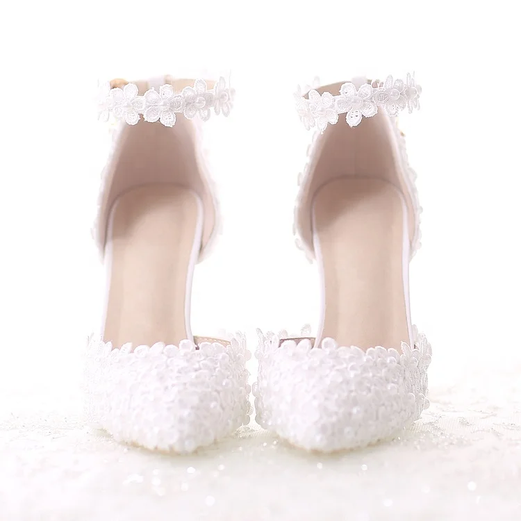 

New Model Beautiful Bridal Shoes Flower Ankle Woman Sandals Buckle Strap Lace Heels for Ladies Girl, White